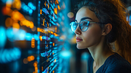 Poster - female data analyst uncovering patterns with data mining techniques on digital display, evening focu