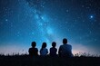© Web - Family Looking At Stars. Parents and Children Bonding in Nature, Observing Falling Stars in Clear Night Sky