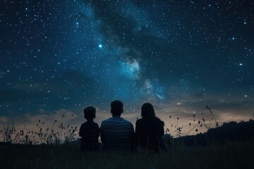 family looking at stars. parents and children bonding in nature while observing falling stars
