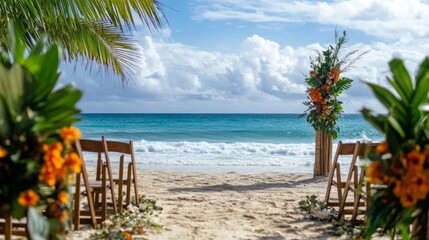 Wall Mural - A charming wedding ceremony awaits with wooden chairs arranged on the sand, adorned with vibrant flowers, overlooking the sparkling ocean and bright blue sky.