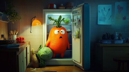 picture of vegetables trying to escape from the refrigerator in the kitchen