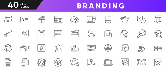 Branding line icon set. Containing marketing, product, brand value, design, logo, brand development, social media, advertising Outline icon collection. UI thin line icon pack.