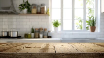 Wall Mural - Scandinavian-style Kitchen with Wooden Tabletop and Blurred Background