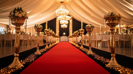Poster - An exquisite wedding reception featuring a vibrant red carpet surrounded by decorative floral arrangements and elegant chandeliers illuminating the festive atmosphere.