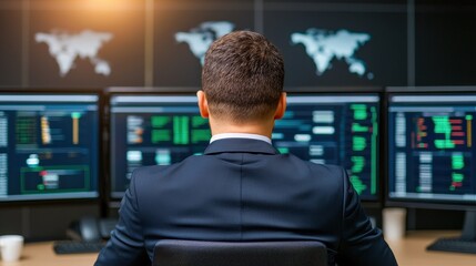 Poster - Professional analyst monitoring financial data on multiple screens in a modern office environment, focused on stock trading.