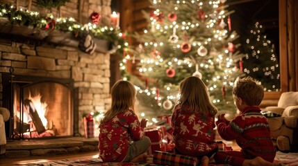 Wall Mural - Children unwrapping gifts by a festive Christmas tree in a cozy cabin with a crackling fireplace