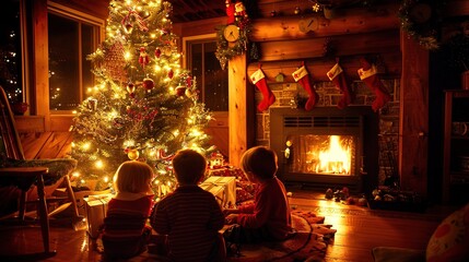 Wall Mural - Children enjoying a cozy Christmas morning by a glowing fireplace in a festive cabin, surrounded by wrapped gifts and a beautifully decorated tree