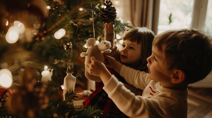 Wall Mural - Children decorating a Christmas tree with ornaments in a cozy living room filled with warm holiday lights