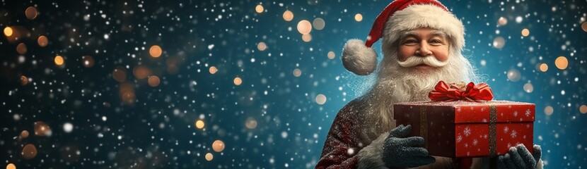 Santa Claus is holding a gift wrapped in red paper with a red bow. He is standing against blurry background with bokeh effects