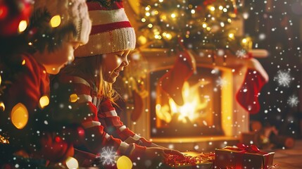 Wall Mural - Children joyfully opening Christmas presents by a warm fireplace during a festive holiday evening