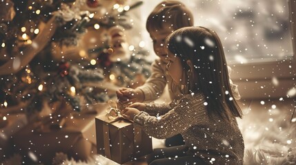 Wall Mural - Two children unwrapping presents near a Christmas tree in a cozy, snow-filled room during the holiday season