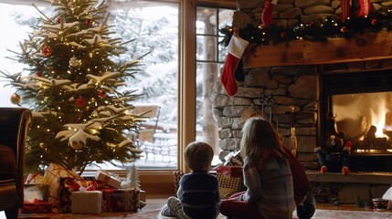Wall Mural - Two children sit by a fireplace watching falling snow outside during Christmas morning by a decorated tree