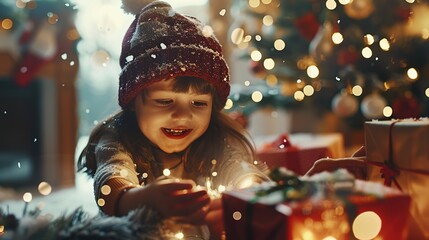Wall Mural - A child joyfully explores festive lights and gifts during a cozy holiday gathering in a decorated living room