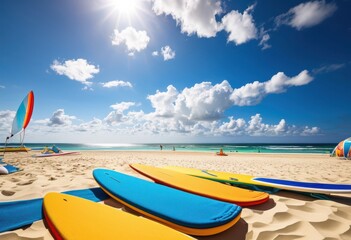 colorful beach equipment arranged neatly bright towels under sunny skies, vibrant, accessories, summer, sand, ocean, seaside, vacation, leisure, outdoor