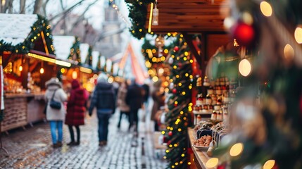 Holiday market bustling with visitors, lined with festive stalls and twinkling lights during winter season