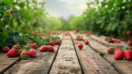 Poster - Blurry Strawberry Farm Background with Wooden Tabletop for Product Display or Design Visuals