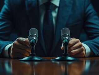 Wall Mural - Man at Table with Microphones