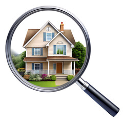 Modern home under magnifying glass, isolated on transparent background