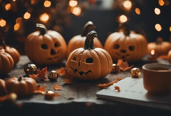 A table with a few pumpkins and leaves on it. The pumpkins are carved and have faces on them. There is a cup of tea on the table