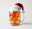 © Koja - A clear glass beer mug filled with amber beer, topped with a fluffy white foam head, and adorned with a Santa Claus hat, all set against a plain white background.