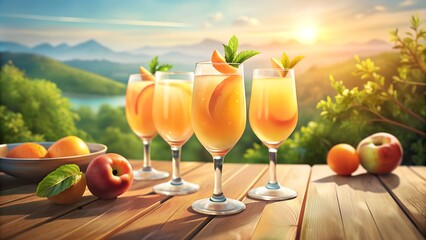 Glasses of Peach Bellinis on a Wooden Table Overlooking Scenic Valley