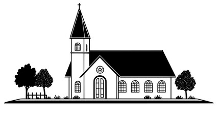 Centuries-old church with a steeple and stained glass windows, vector illustration art