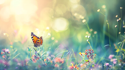 Wall Mural - Beautifully vibrant, natural springtime background featuring butterflies