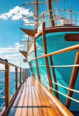 vibrant ship deck overlooking stunning ocean view clear blue waters bright sky, horizon, waves, sunl