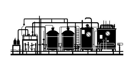 Wall Mural - Water treatment plant with clarifiers, filtration units, and a series of connected reservoirs, vector illustration art