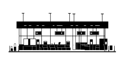 An airport terminal with gates, check-in counters, and baggage claim areas for travelers, vector illustration art