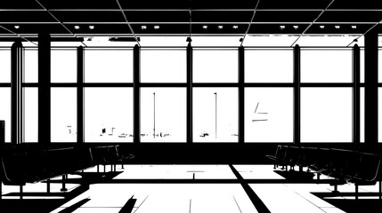 Sticker - Interior of the terminal with rows of benches and large windows, vector illustration art