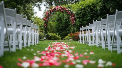 Wall Mural - A picturesque garden wedding setup featuring a floral arch, white chairs, and a colorful petal-lined aisle, creating a romantic atmosphere for the ceremony.