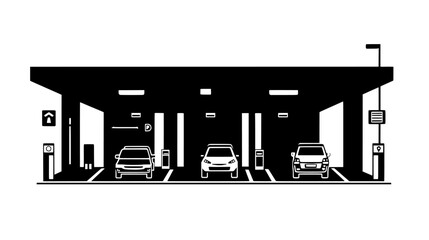 Vehicles parked within a covered parking structure, displaying concrete pillars and directional signs, vector illustration art