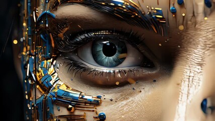 Poster - Connection of human woman and artificial intelligence robot. The concept of merging a person and a computer with neural networks in the future