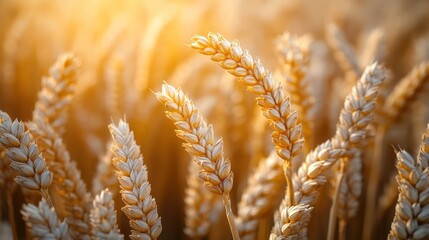 Wall Mural - Golden wheat stalks against a soft, warm sunset background.