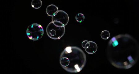 Wall Mural - soap bubbles of various sizes floating against a black background, creating a stark contrast. the br