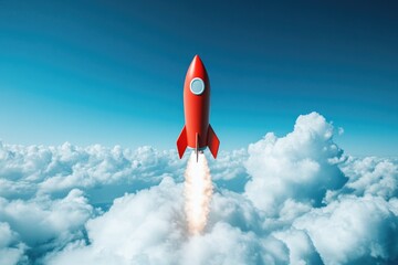 Wall Mural - Red Rocket Flying Through Clouds