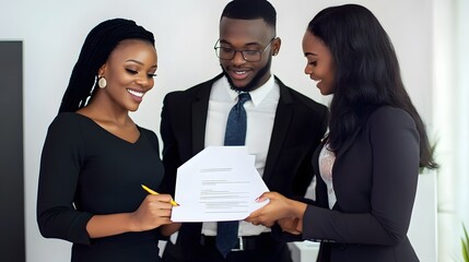 Canvas Print - Three African professionals discussing a document in a modern office setting