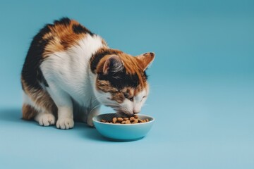 Wall Mural - A cat is eating from a bowl of food. The bowl is blue and the cat is white and black