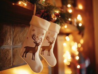 Wall Mural - Christmas stockings by fireplace