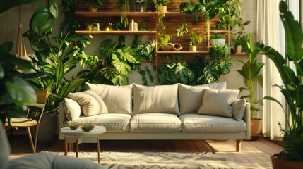 Wall Mural - Urban apartment with biophilia design featuring cozy tropical garden aesthetic and eco-friendly living room decor.