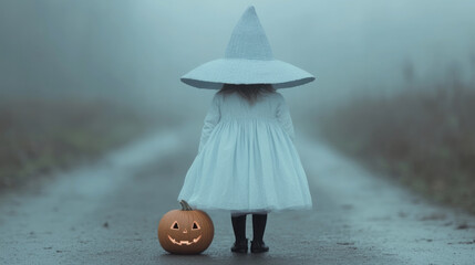 Wall Mural - little girl with pumpkin