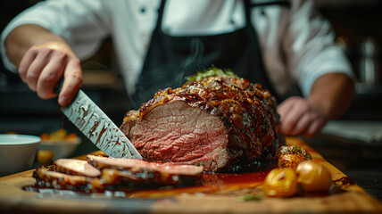 Canvas Print - Chef carving a roast beef in a professional kitchen.