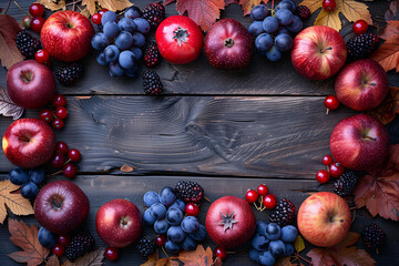 Frame of fresh healthy farm fruits on a wooden table.