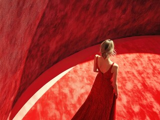 Canvas Print - Woman in Red Dress Standing in Red Room