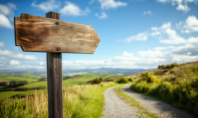 A wooden signpost stands in a grassy field with a road in the background. The signpost is pointing to the right, and the sky is clear and blue. Concept of direction and guidance