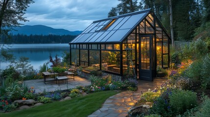 Poster - A serene evening in a lakeside greenhouse surrounded by blooming flowers and tranquil waters