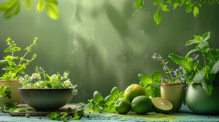 Fresh herbs and leaves in a green herbal setting.