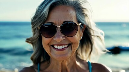 Wall Mural - Senior Woman on Beach with Sunglasses