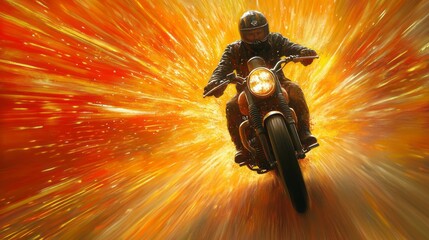 Motorcyclist speeding through an explosion of orange light during the evening